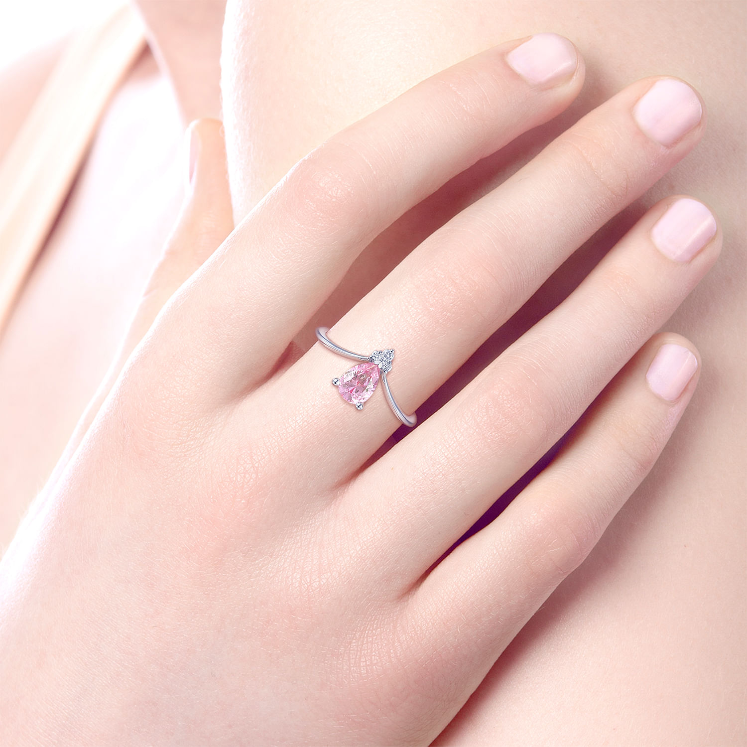 14K White Gold Pink Zircon and Diamond Chevron Ring