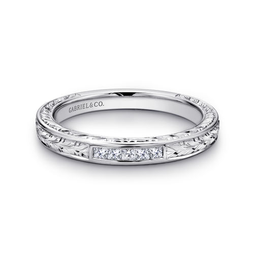 14K White Gold Princess Cut 5 Stone Channel Set Diamond Wedding Band with Engraving