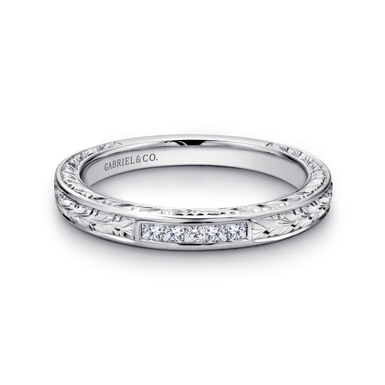 Gabriel - 14K White Gold Princess Cut 5 Stone Channel Set Diamond Wedding Band with Engraving