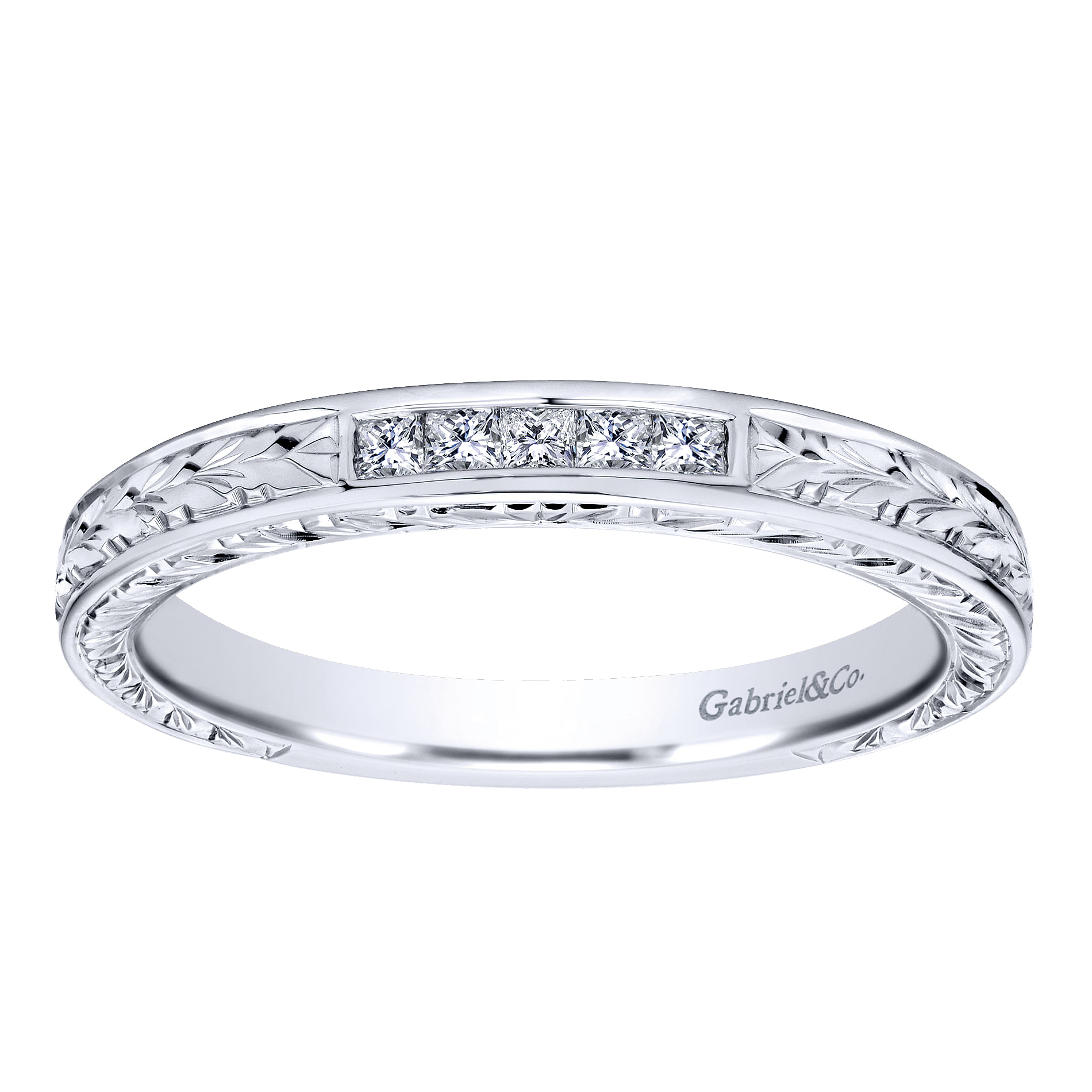 14K White Gold Princess Cut 5 Stone Channel Set Diamond Wedding Band with Engraving