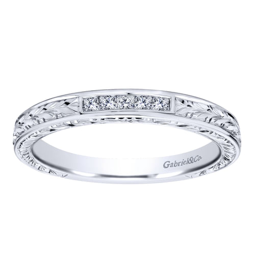 14K White Gold Princess Cut 5 Stone Channel Set Diamond Wedding Band with Engraving