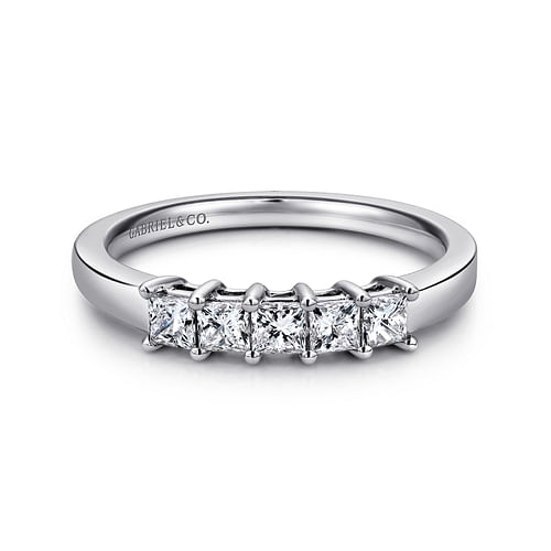 14K White Gold Princess Cut 5 Stone Prong Set Diamond Wedding Band