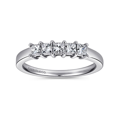 14K White Gold Princess Cut 5 Stone Prong Set Diamond Wedding Band