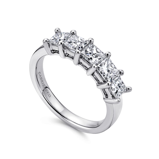 14K White Gold Princess Cut 5 Stone Prong Set Diamond Wedding Band angle 3 14K White Gold Princess Cut 5 Stone Prong Set Diamond Wedding Band angle 3