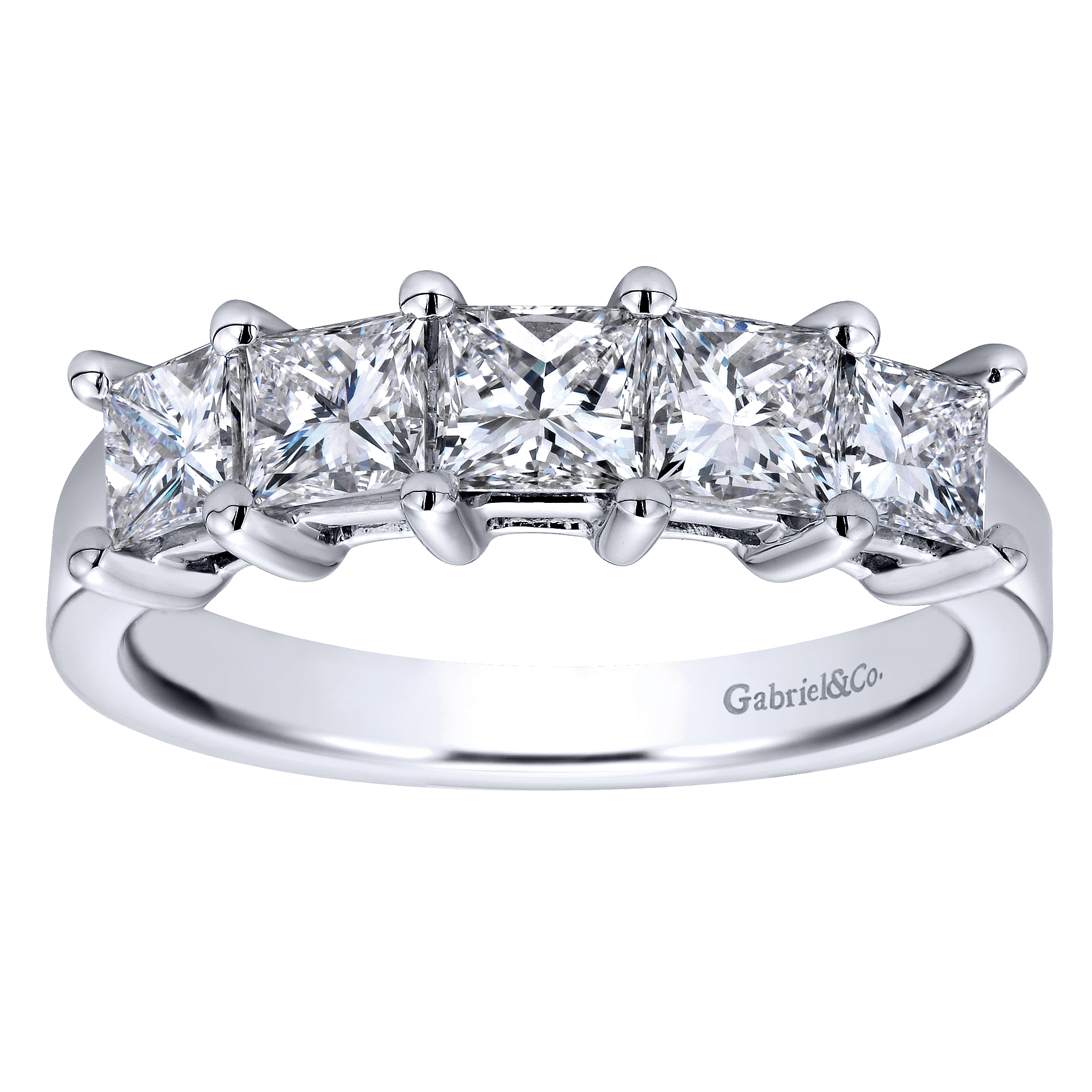 14K White Gold Princess Cut 5 Stone Prong Set Diamond Wedding Band
