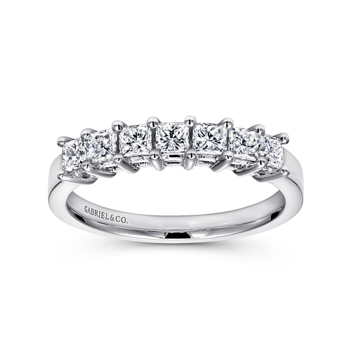 14K White Gold Princess Cut 7 Stone Prong Set Diamond Wedding Band