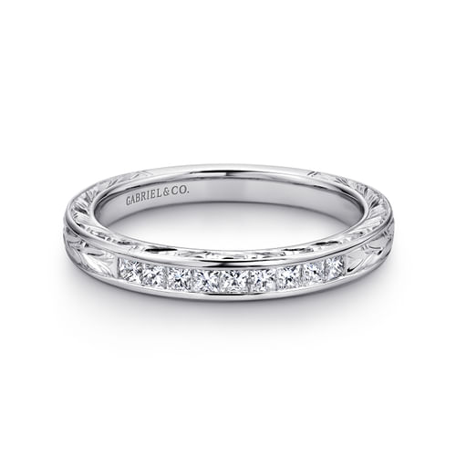 14K White Gold Princess Cut 9 Stone Channel Set Diamond Wedding Band with Engraving