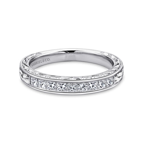 14K White Gold Princess Cut 9 Stone Channel Set Diamond Wedding Band with Engraving