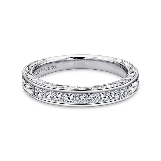 Gabriel - 14K White Gold Princess Cut 9 Stone Channel Set Diamond Wedding Band with Engraving