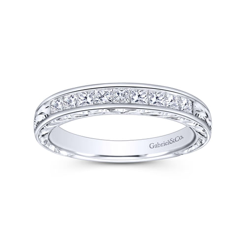 14K White Gold Princess Cut 9 Stone Channel Set Diamond Wedding Band with Engraving