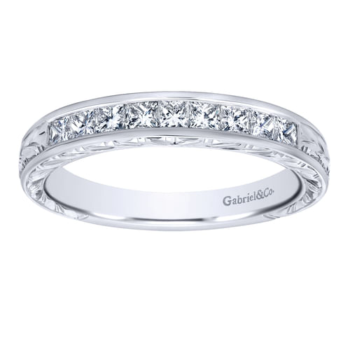 14K White Gold Princess Cut 9 Stone Channel Set Diamond Wedding Band with Engraving