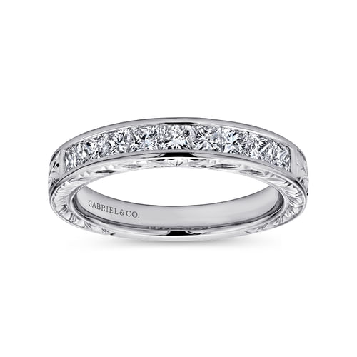14K White Gold Princess Cut 9 Stone Channel Set Diamond Wedding Band with Engraving