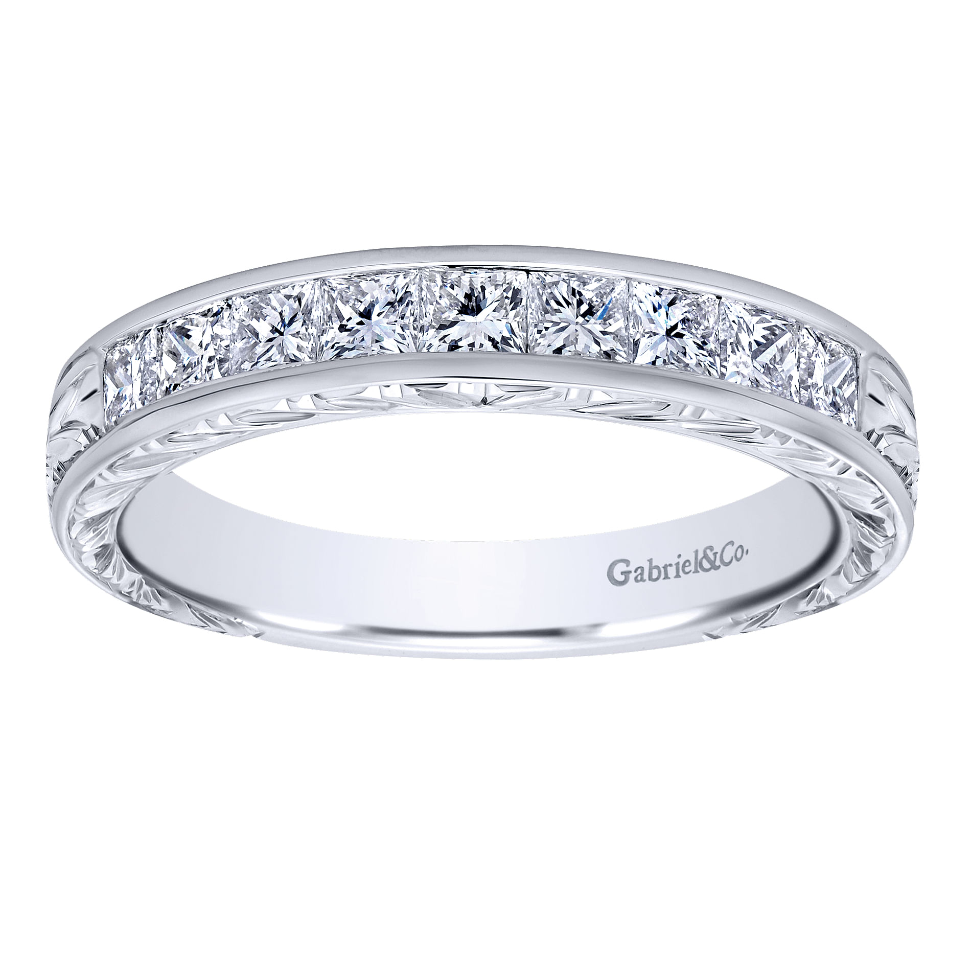 14K White Gold Princess Cut 9 Stone Channel Set Diamond Wedding Band with Engraving