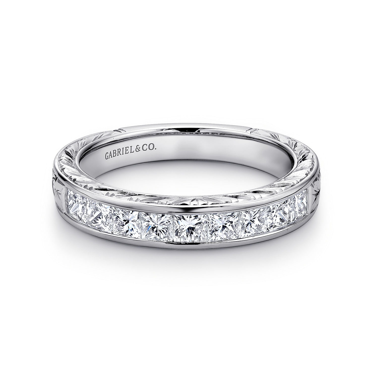 14K White Gold Princess Cut 9 Stone Channel Set Diamond Wedding Band with Engraving