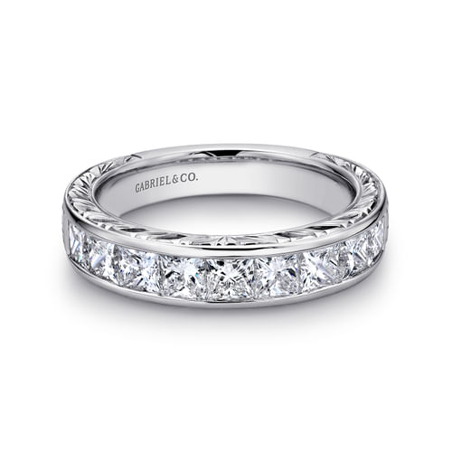 14K White Gold Princess Cut 9 Stone Channel Set Diamond Wedding Band with Engraving