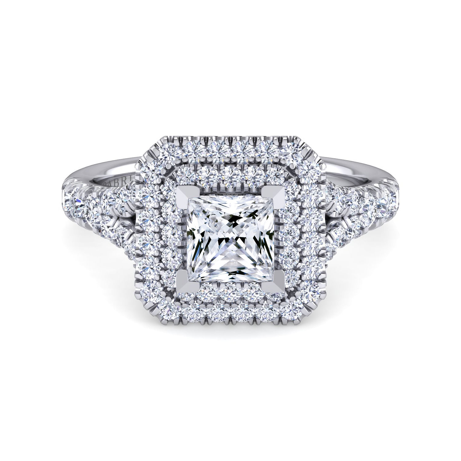 Gabriel - 14K White Gold Princess Cut Double Halo Diamond Engagement Ring