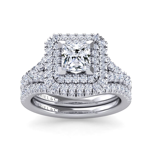 14K White Gold Princess Cut Double Halo Diamond Engagement Ring