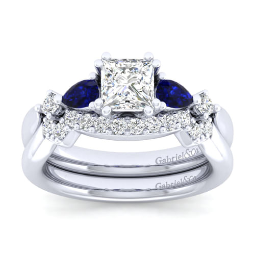 14K White Gold Princess Cut Five Stone Sapphire and Diamond Engagement Ring