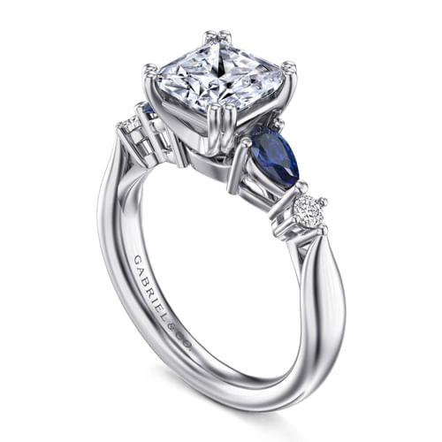 14K White Gold Princess Cut Five Stone Sapphire and Diamond Engagement Ring