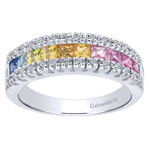 14K White Gold Princess Cut Multi Sapphire and Diamond Band