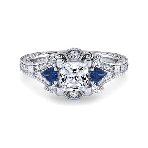 14K White Gold Princess Cut Sapphire and Diamond Engagement Ring