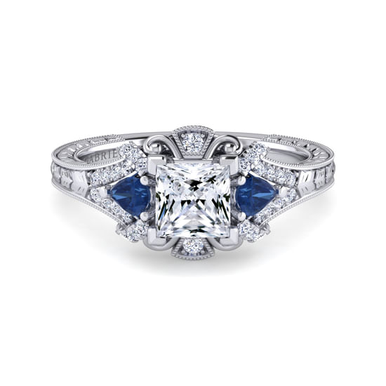Gabriel - 14K White Gold Princess Cut Sapphire and Diamond Engagement Ring
