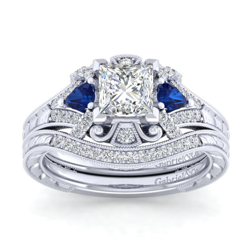 14K White Gold Princess Cut Sapphire and Diamond Engagement Ring