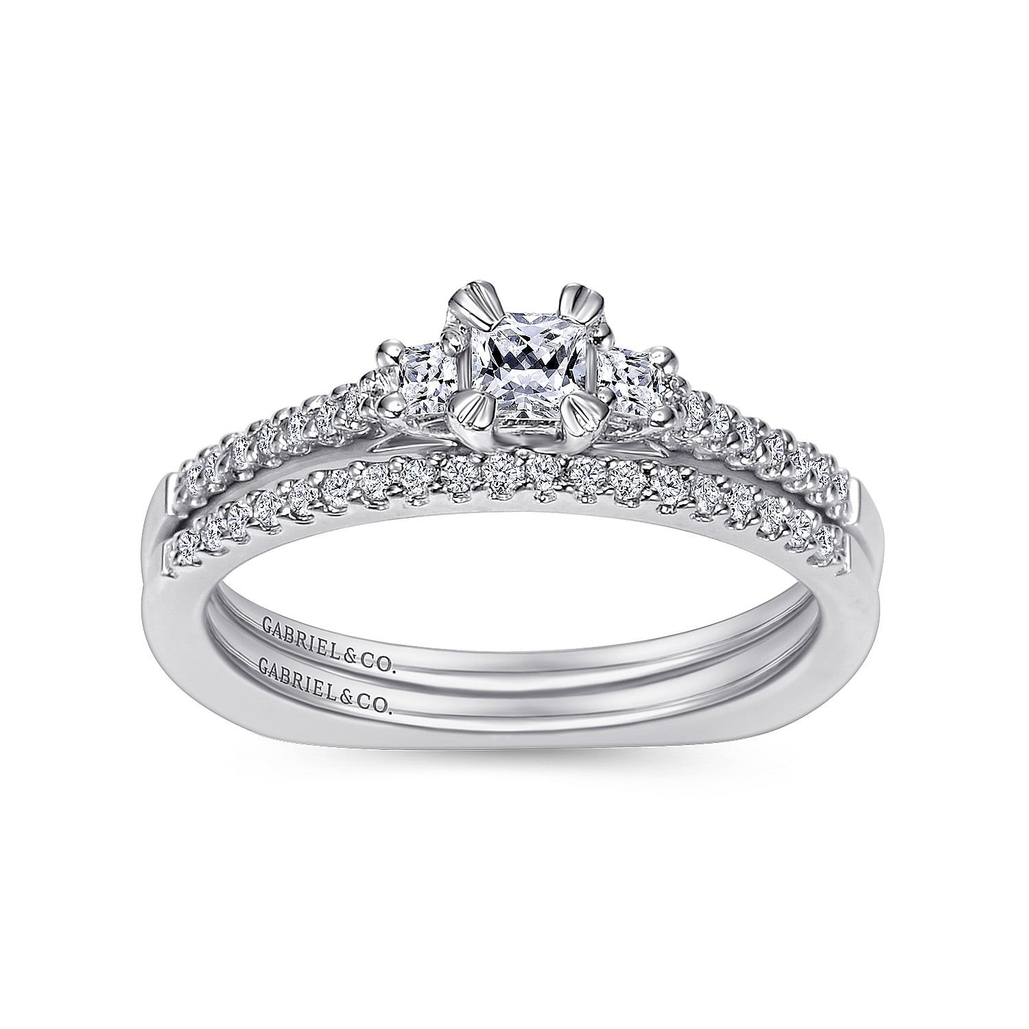 14K White Gold Princess Cut Three Stone Complete Diamond Engagement Ring