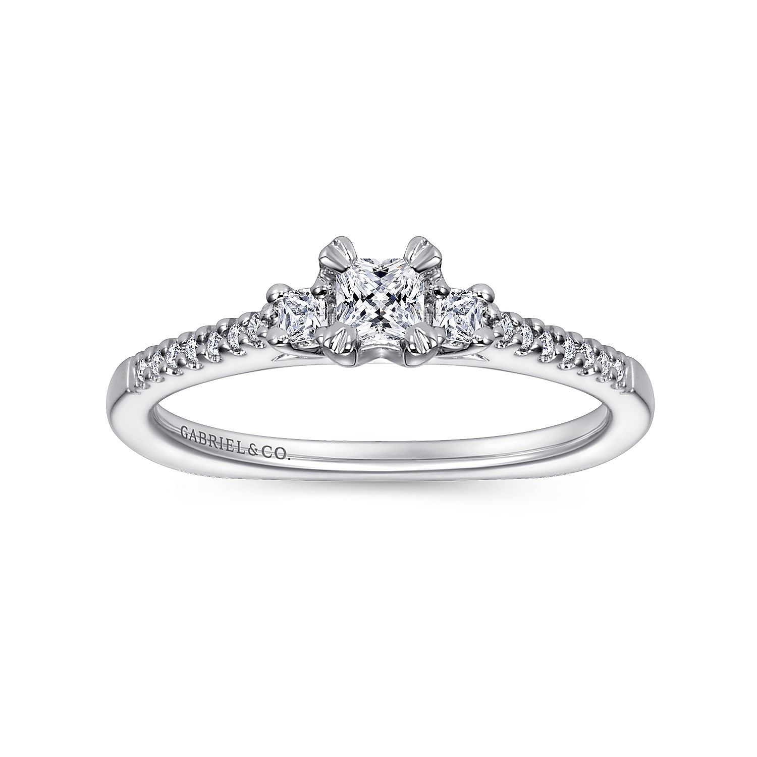 14K White Gold Princess Cut Three Stone Complete Diamond Engagement Ring