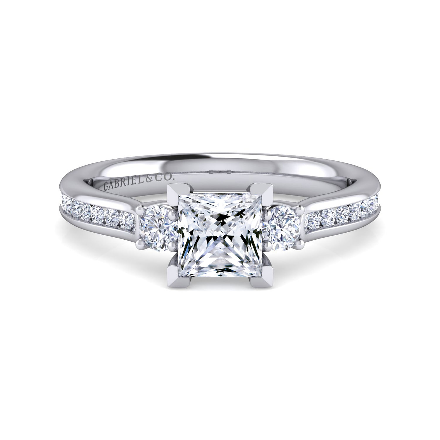 Gabriel - 14K White Gold Princess Cut Three Stone Diamond Channel Set Engagement Ring