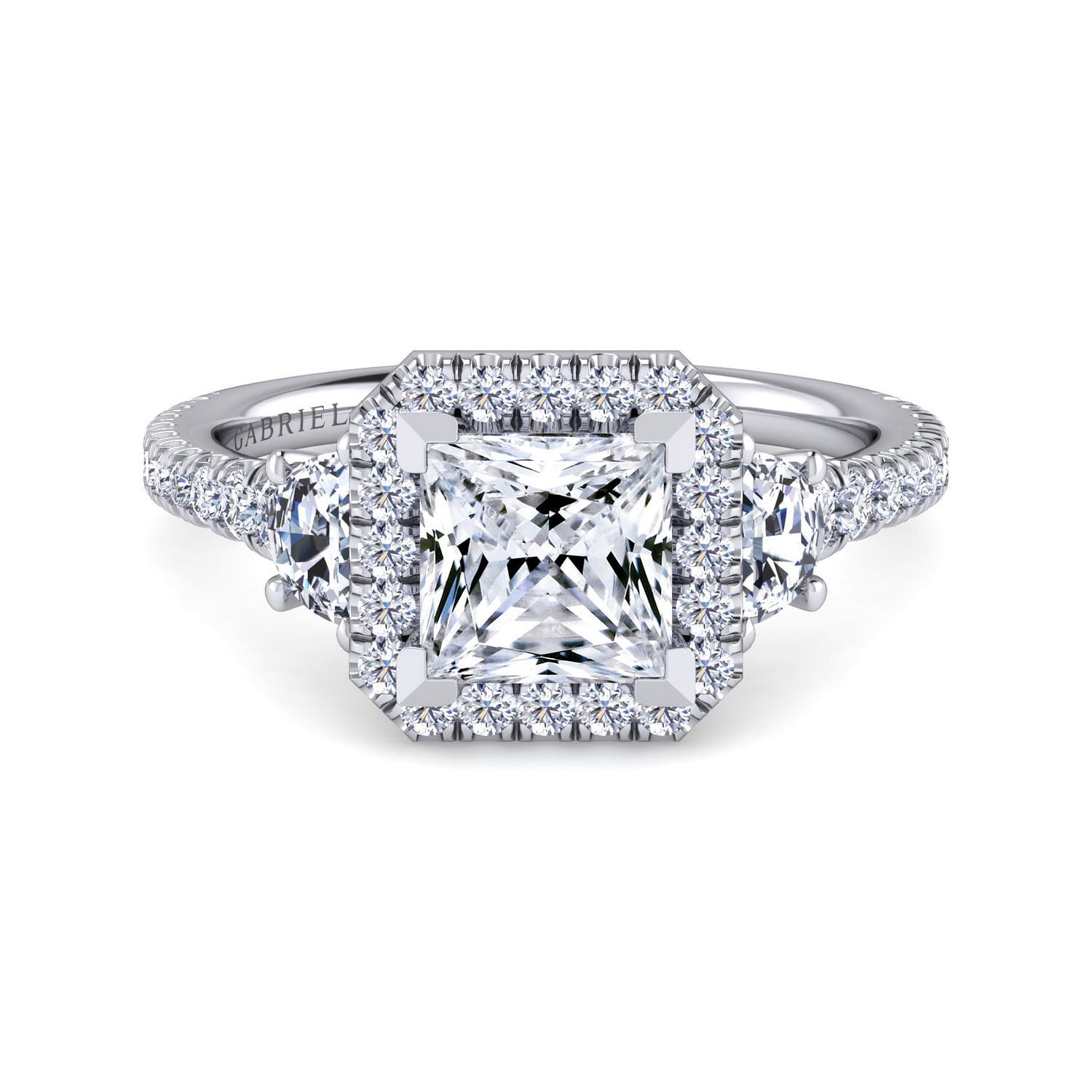 Gabriel - 14K White Gold Princess Cut Three Stone Halo Diamond Engagement Ring