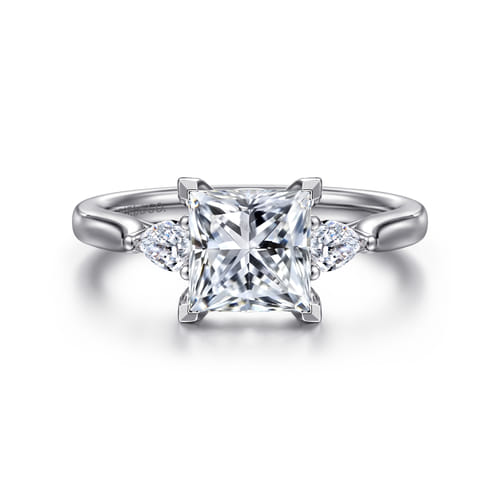 14K White Gold Princess Cut Three Stone Lotus Diamond Engagement Ring