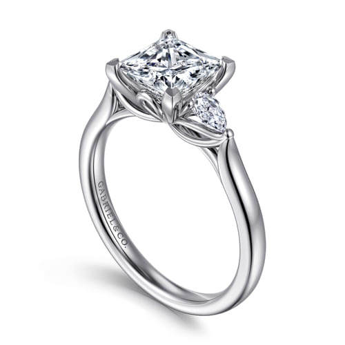 14K White Gold Princess Cut Three Stone Lotus Diamond Engagement Ring