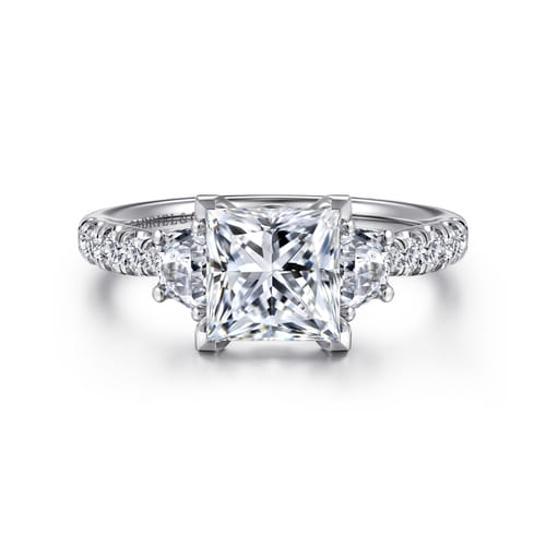 14K White Gold Princess Cut Three Stone Lotus Diamond Engagement Ring