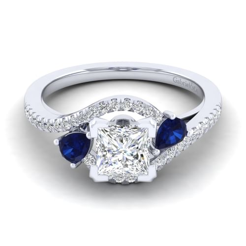 14K White Gold Princess Cut Three Stone Sapphire and Diamond Engagement Ring