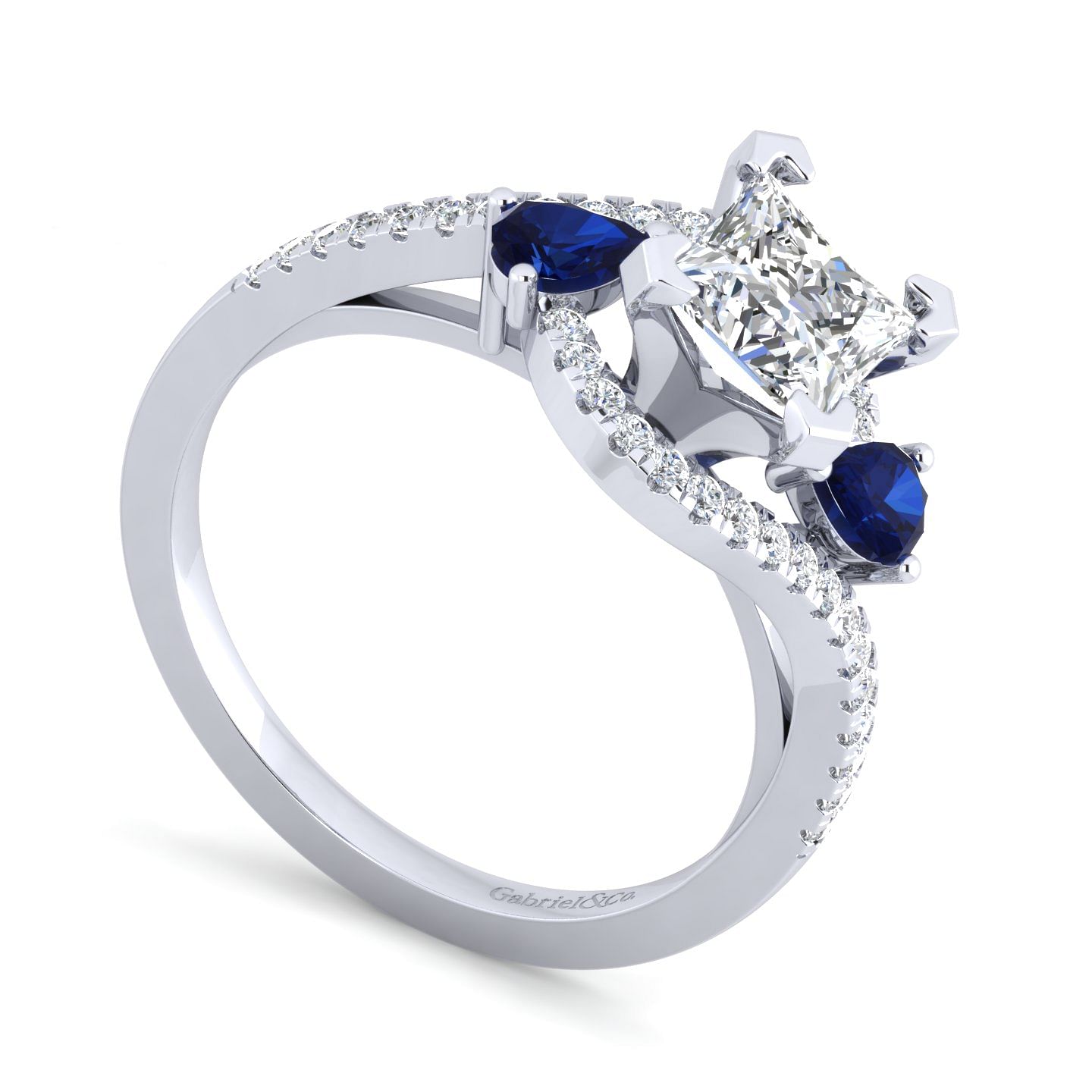 14K White Gold Princess Cut Three Stone Sapphire and Diamond Engagement Ring