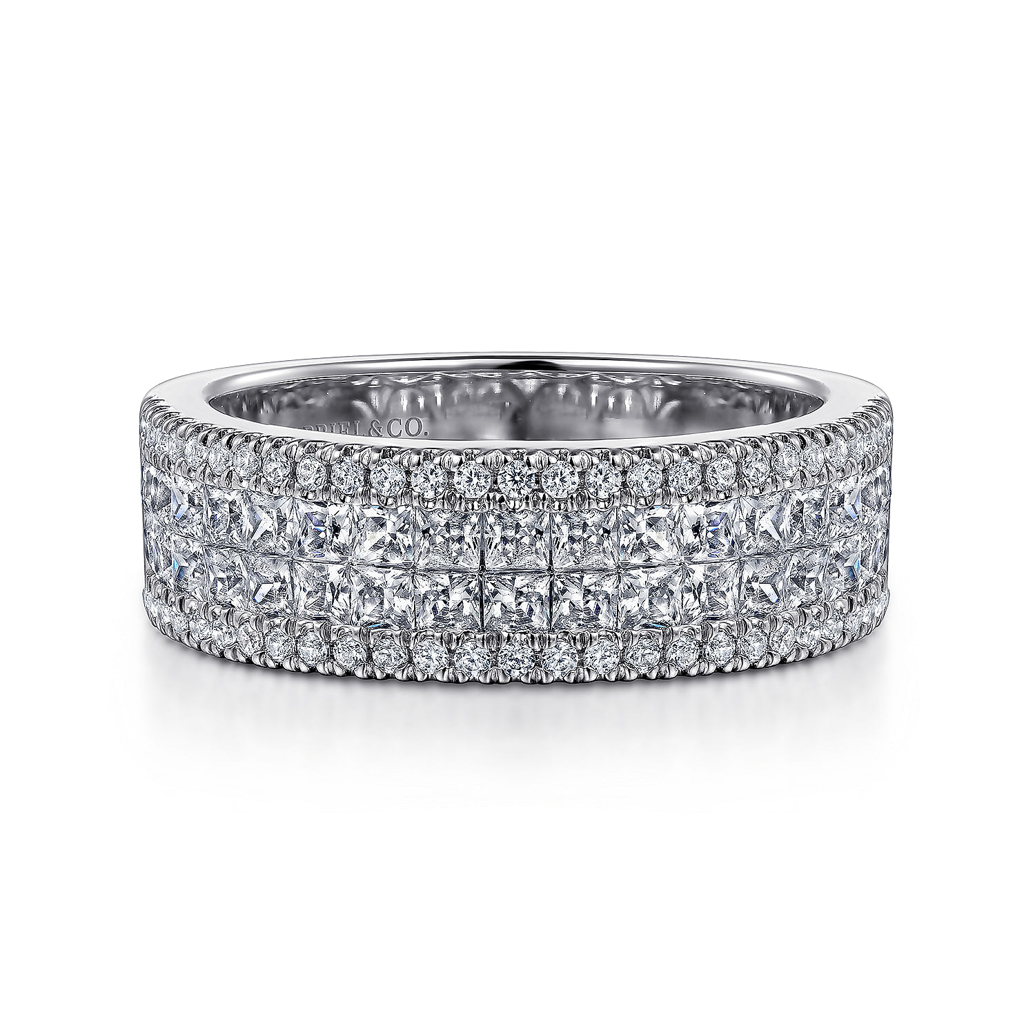 14K White Gold Princess Cut and Round Diamond Wide Band Ring