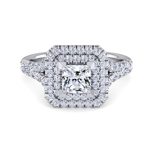 14K White Gold Princess Double Halo Diamond Engagement Ring