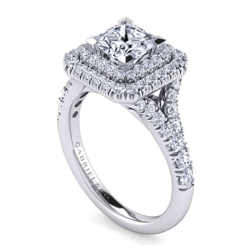 14K White Gold Princess Double Halo Diamond Engagement Ring