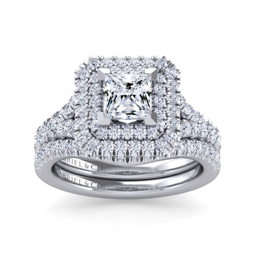 14K White Gold Princess Double Halo Diamond Engagement Ring