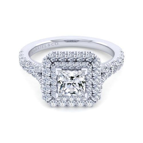14K White Gold Princess Double Halo Diamond Engagement Ring
