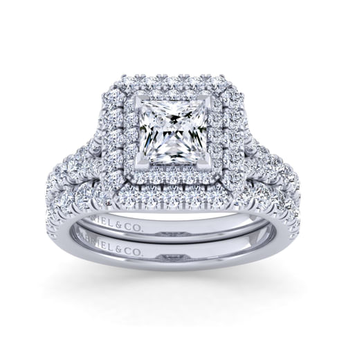 14K White Gold Princess Double Halo Diamond Engagement Ring