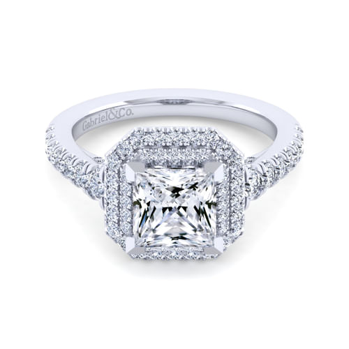 14K White Gold Princess Double Halo Diamond Engagement Ring
