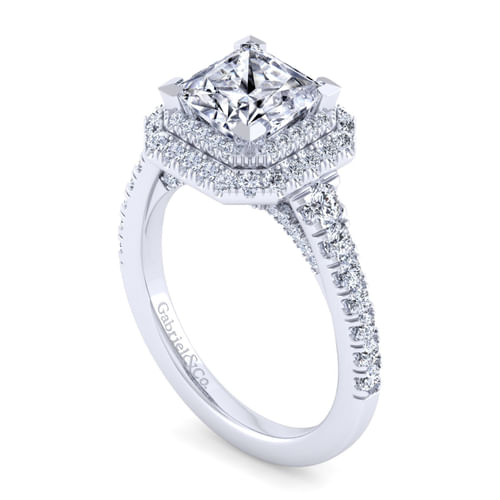 14K White Gold Princess Double Halo Diamond Engagement Ring