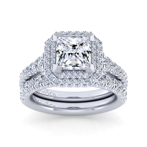 14K White Gold Princess Double Halo Diamond Engagement Ring