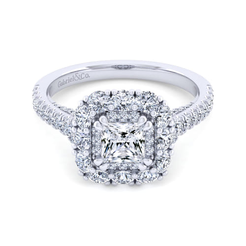 14K White Gold Princess Double Halo Diamond Engagement Ring