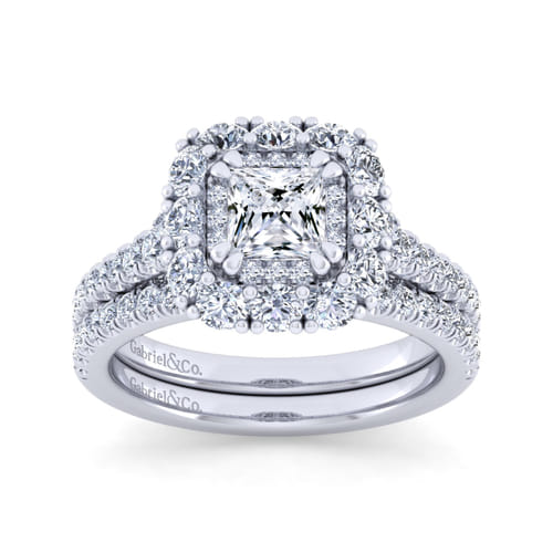 14K White Gold Princess Double Halo Diamond Engagement Ring