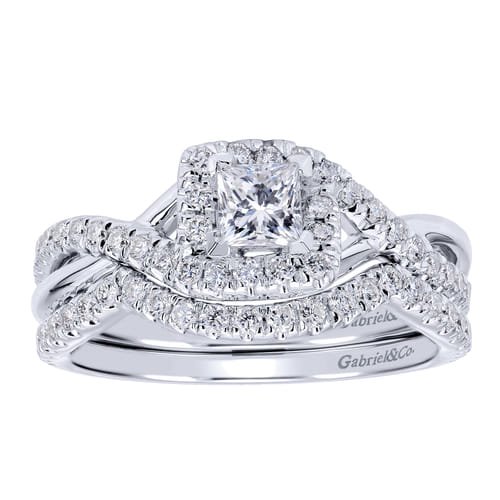 14K White Gold Princess Halo Complete Diamond Engagement Ring