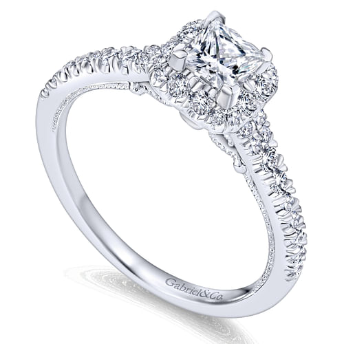 14K White Gold Princess Halo Complete Diamond Engagement Ring