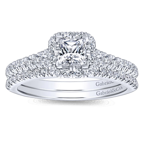 14K White Gold Princess Halo Complete Diamond Engagement Ring